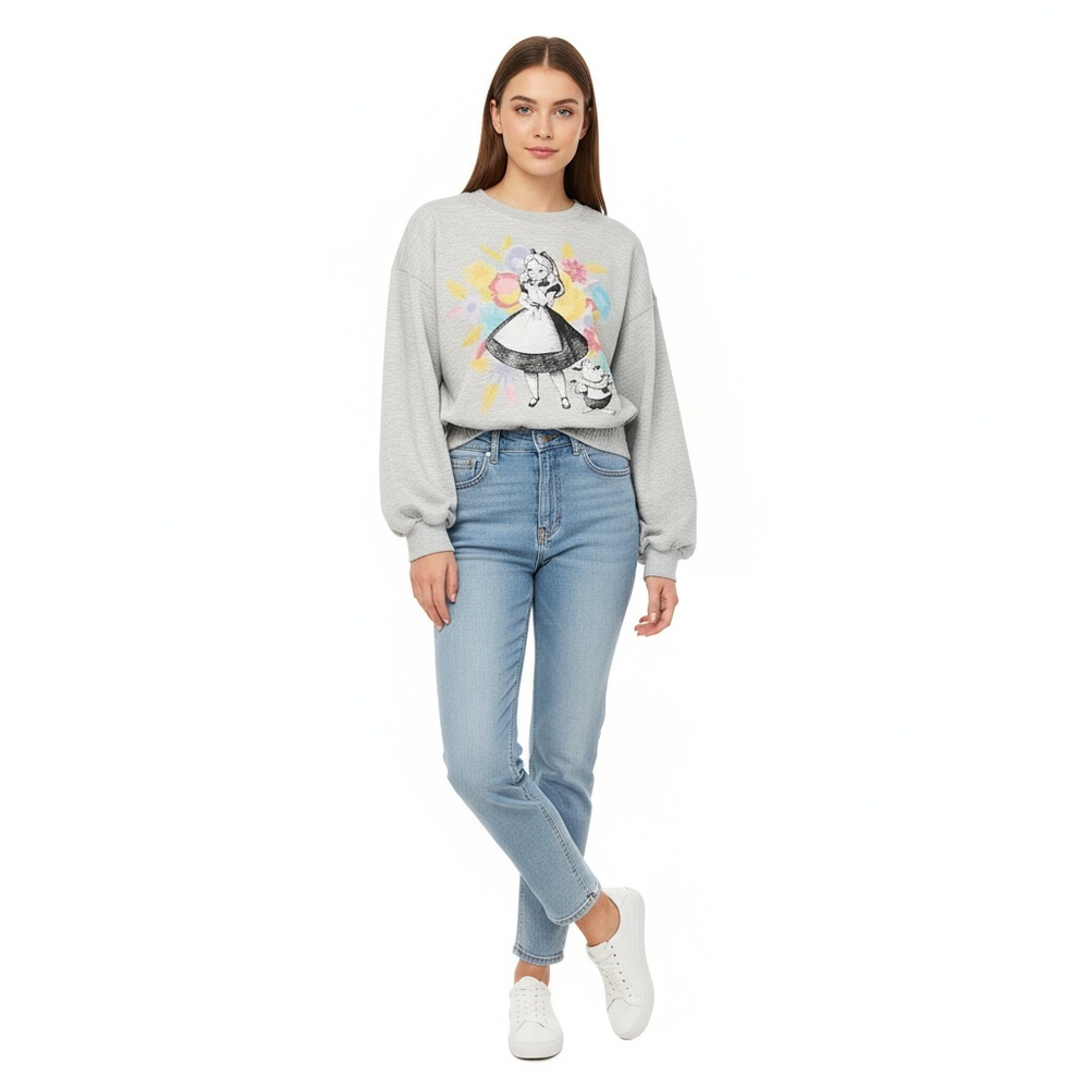 Disney Women's‎ Grey Marl Pullover Graphic Sweatshirt Alice Wonderland XS